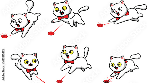 White cartoon cat with red bow tie chasing red laser dot, playful pet illustration, cute feline character, dynamic action poses