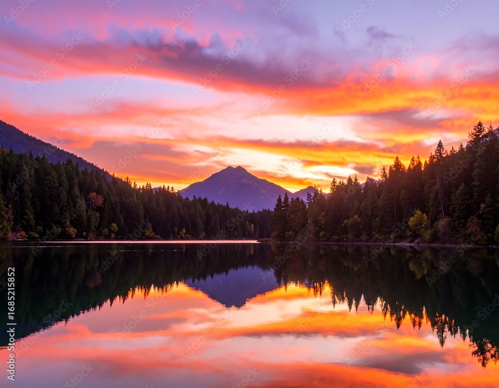 Fototapeta premium Serene lake sunset reflecting mountains