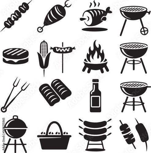Barbecue and Grilling Food and Equipment Icons skewer meat