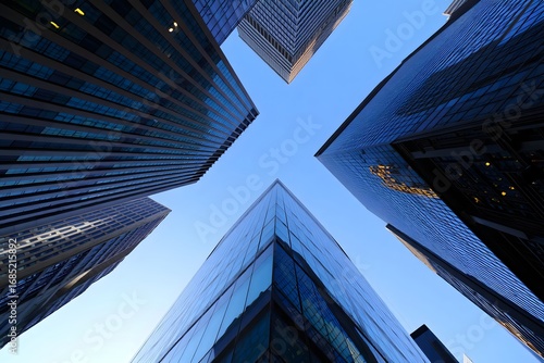 Worm's eye view of skyscrapers in city downtown financial district architecture and blue sky