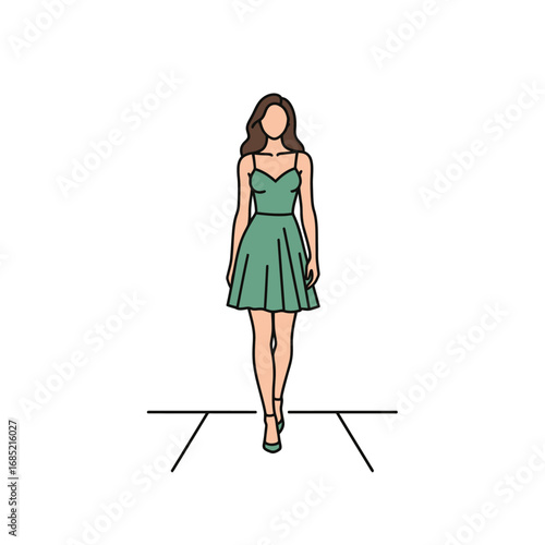 Elegant fashion model walking the catwalk in a green dress illustration.