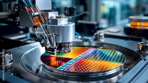 A robotic arm works on a silicon wafer in a high-tech manufacturing environment.
