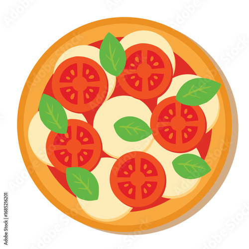 Illustration of a pizza with a thick crust topped with tomato slices