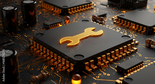 Golden wrench symbol on a modern computer chip, representing technology repair and maintenance with a luxurious touch, showcasing hardware service and engineering