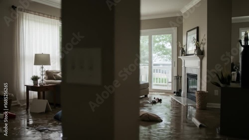 Flooded living room interior after natural disaster water damage and home insurance