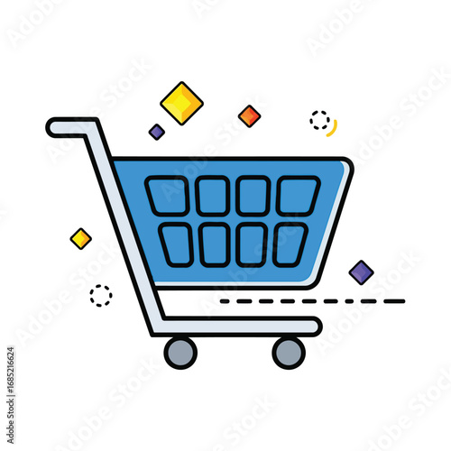 Vector illustration of blue shopping cart icon with colorful geometric shapes and motion lines