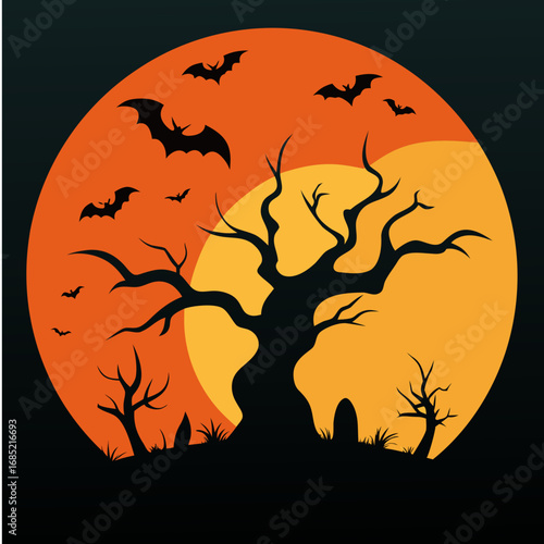 Spooky halloween night scene with silhouetted trees and bats against a large orange moon