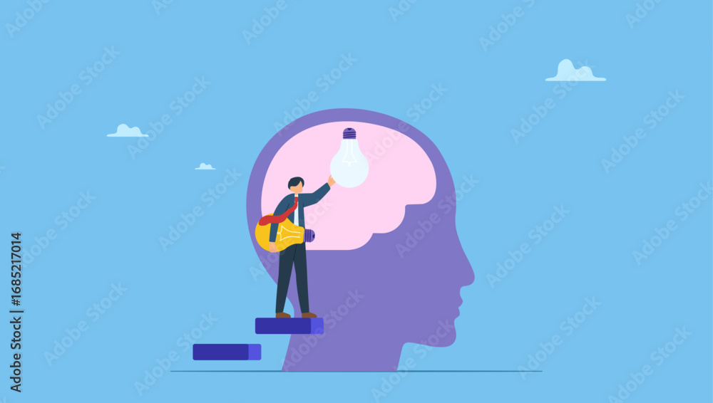 Obraz premium Businessman replace new lightbulb idea on the brain in head. Knowledge or creativity to solve problem concept, intelligence, literature or education to success in work.