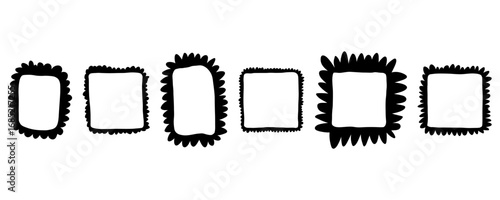 Hand drawn doodle frame set. Box, square, rectangle, carved edge shape brush pen line stroke scribble element. Hand drawn simple oval, square frame for text border. Vector illustration isolated 