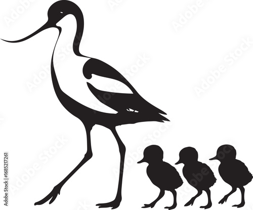 Avocet bird with children enjoying nature silhouette vector illustration