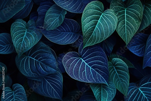 Wallpaper Mural A close-up of jungle leaves with intricate vein patterns, glowing with bioluminescent blue and green hues, surreal fantasy forest Torontodigital.ca