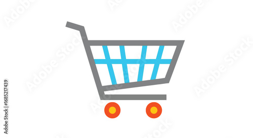 Vector illustration of simple shopping cart icon with blue bars and orange wheels