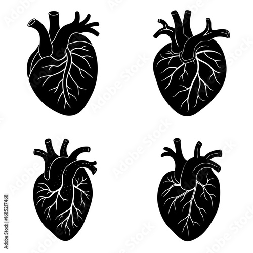 Four stylized black and white anatomical hearts displayed in a symmetrical arrangement on white background