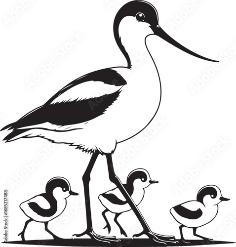Avocet bird family with children enjoying nature silhouette vector illustration