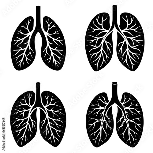 Four anatomical lung illustrations with branching structures in black and white design style