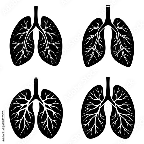 Four stylized black and white lung illustrations with detailed branching structures on a white background