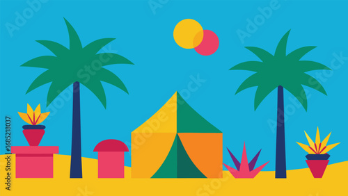 Colorful Flat Design Tropical Beach Scene with Palm Trees and Tent vector illustration