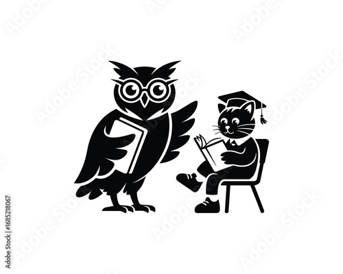 Owl and cat with books and graduation cap education