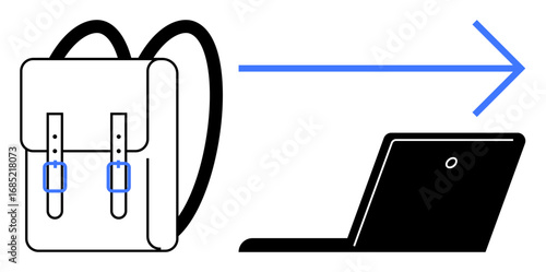 Backpack, arrow pointing to laptop, symbolizing transition to digital education, remote work, or e-learning. Ideal for education, learning materials, technology, digital evolution adaptability