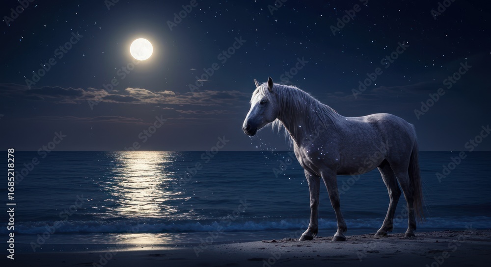 Fototapeta premium A white horse stands serenely on a moonlit beach at night.