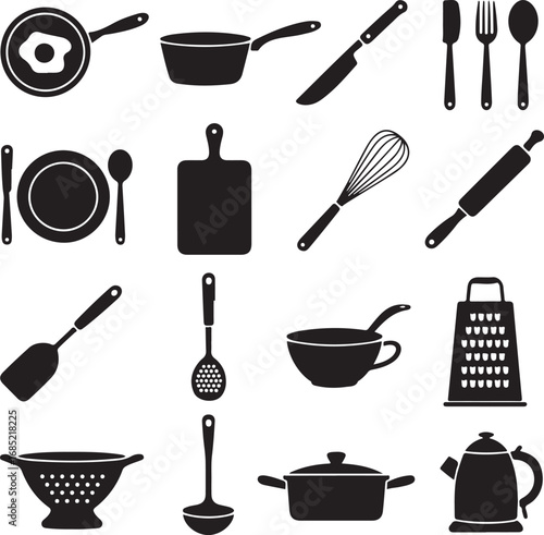 Assorted kitchen cooking utensils and cookware icons in silhouette food