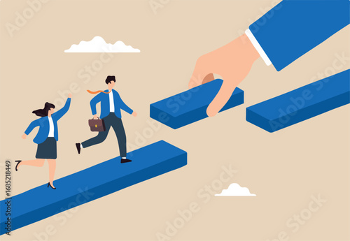Business team constructing bridge over gap labeled Innovation concept change adapting and collaborative to achieve success