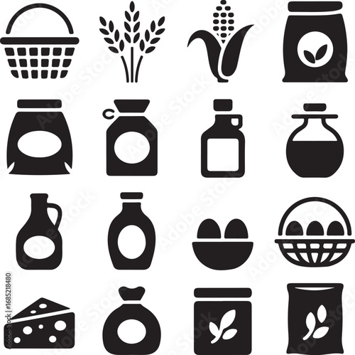 Assortment of grocery and food product icons in black silhouette Keywords: grocery, food