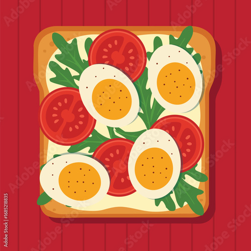 Illustration of a toast with avocado tomato boiled egg radish