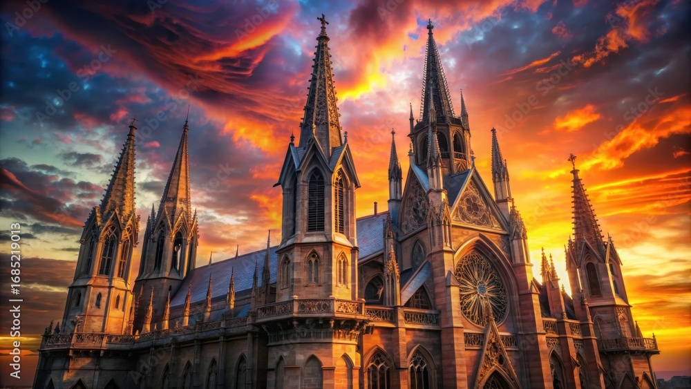 Fototapeta premium Photo of a majestic gothic cathedral with towering spires and intricate architectural details, set against a breathtaking sunset sky filled with vibrant orange, yellow, and purple clouds
