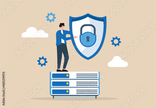 Flat illustration of it specialist holding shield over network server to represent data protection