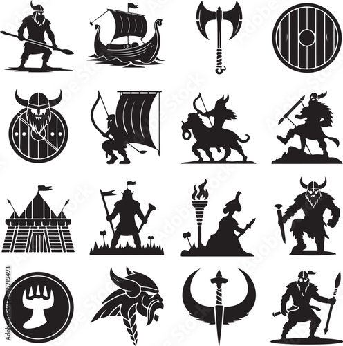 Viking warrior symbols and illustrations on white background Keywords: viking, warrior, shield