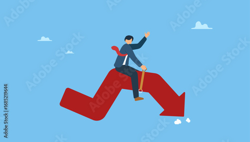 Businessman investor rodeo riding uncertainty decline red arrow graph. Stock market or crypto currency crash and going down, economic crisis or investing risk, volatility and fluctuation.