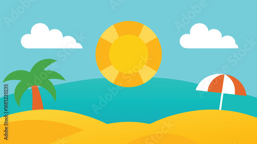 Flat design beach scene with sun lifebuoy and umbrella vector illustration