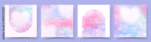 Happy Valentine's Day trendy cards. Vector banners with typography design, blurred hearts, stars on gentle gradient background. Valentine's Day cards in y2k style for branding, cover, social media.