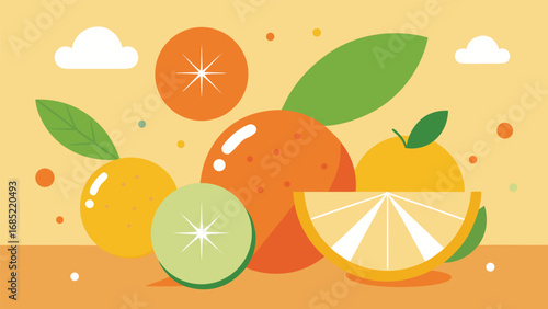 Flat Design Citrus Fruits and Leaves on Orange Background slice lime