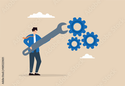 Flat illustration businessman hold wrench to adjust cogwheel symbolizing optimization for business improvement