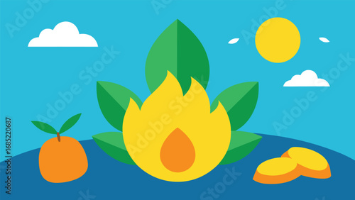 Flat Design Illustration of a Campfire with Fruit and Leaves Under a Sunny Sky flame heat