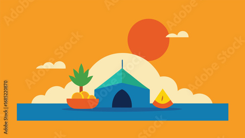 Flat design illustration of a desert oasis with a tent fruit and watermelon slice Keywords: flat design, illustration, desert, oasis, tent, camping, travel, vacation, summer, sun, clouds, fruit