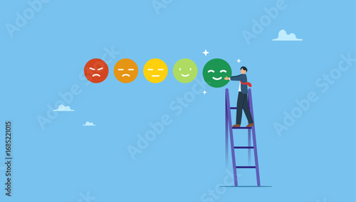 Young man climb up ladder to give positive smile feedback rating. Customer satisfaction, feedback or appreciation rating, positive score or good quality service, customer experience vote.