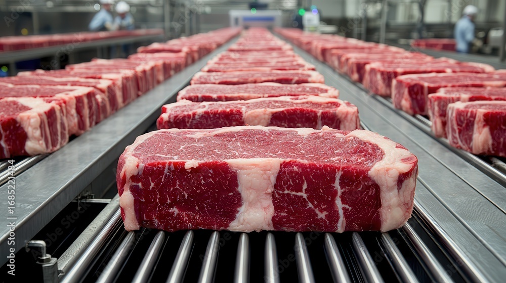 Fototapeta premium A conveyor belt lined with premium cuts of beef, showcasing the marbling and quality of the meat in a processing facility.