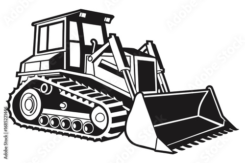 Black and white illustration of a bulldozer with a front loader