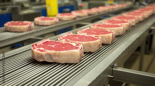Freshly cut beef steaks lined up on a processing conveyor belt in a meat production facility.