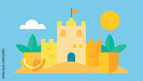Flat Design Sandcastle With Orange Slice And Palm Leaves beach summer
