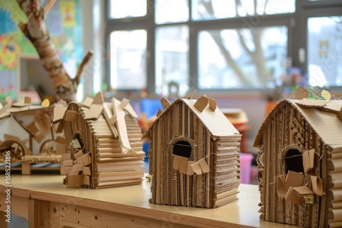 Creating cardboard beehives during outdoor activity.