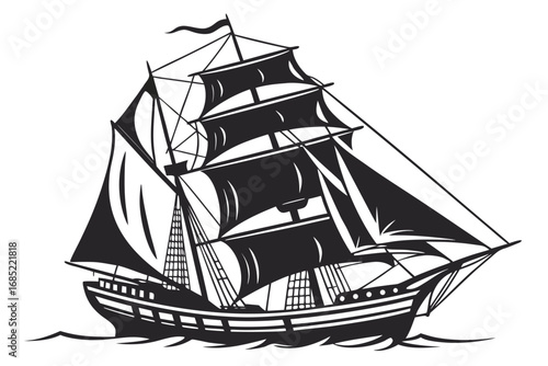 Vintage sailing ship with full sails on a wavy sea