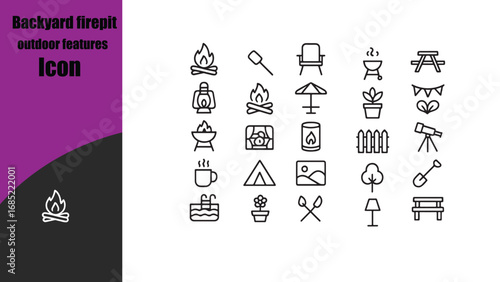 Backyard firepit outdoor icons set