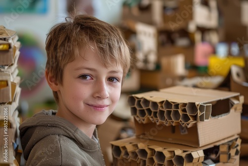 Creating cardboard beehives during outdoor activity.