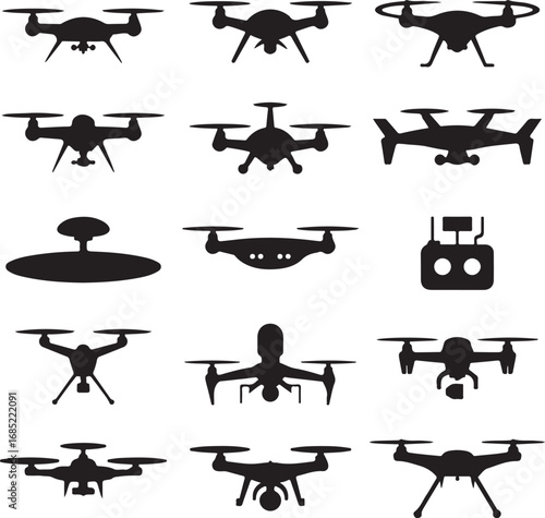 Drone Icons Set With Various Quadcopter Models And Remote Controller Keywords: drone, quadcopter