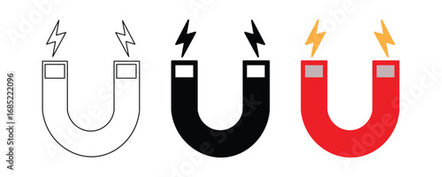 magnet icon set vector on white background. power, force, energy, attraction, science, physics, metal, iron, horseshoe, shape, symbol.