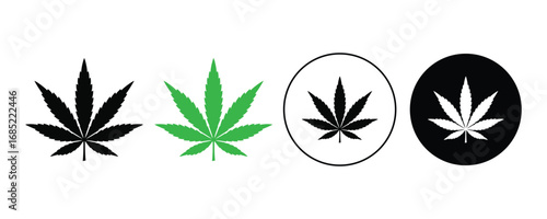 Cannabis leaf icons in various styles isolated on white background. marijuana, hemp, weed, symbol, plant, medicine, herb, drug, ganja, cbd, thc, legalization, symbol.
